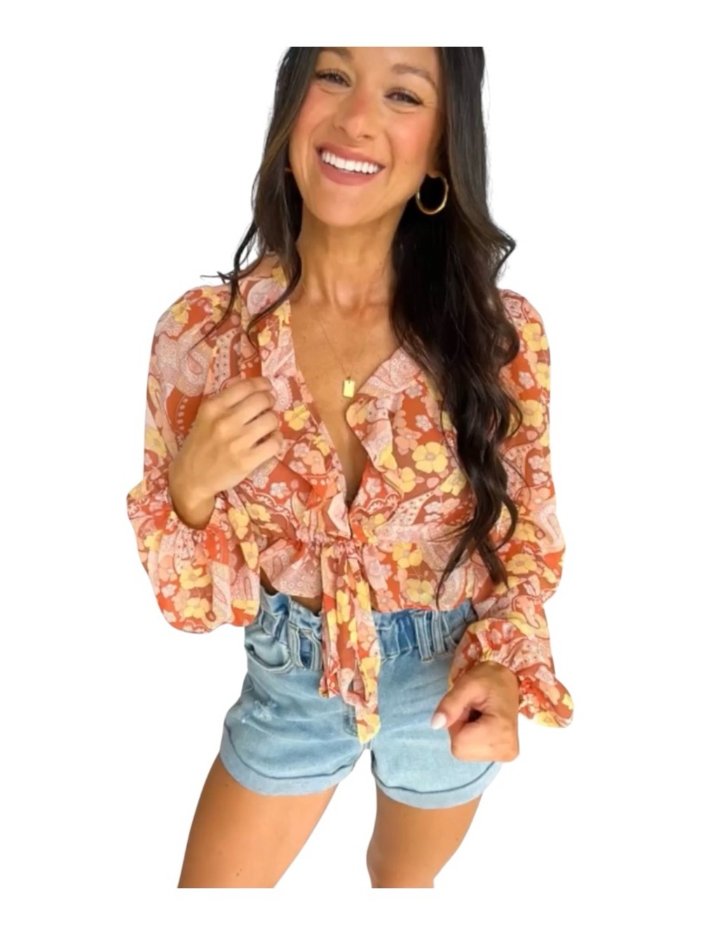 NWT Cotton Candy LA Crop Tie Front Top Floral Paisley Sheer Ruffle Sleeves L